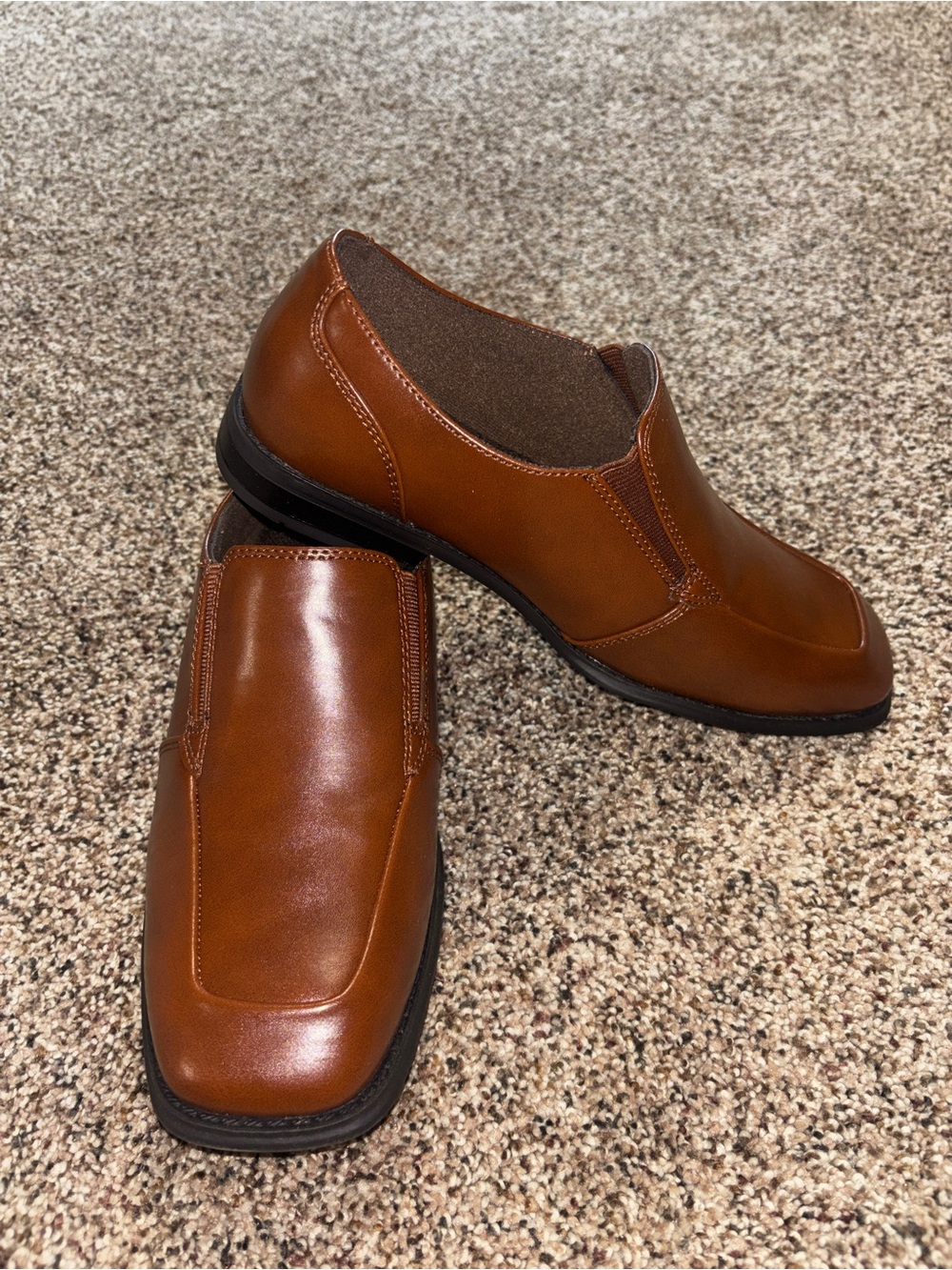 Brown Faux Leather Slip-On Square Toe Dress Shoes Loafers Big Boys Size 6